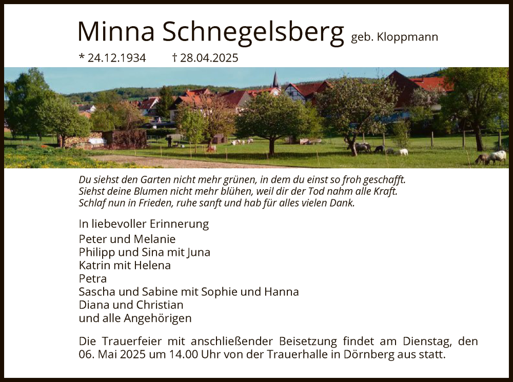 Traueranzeige für Minna Schnegelsberg vom 03.05.2025 aus HNA