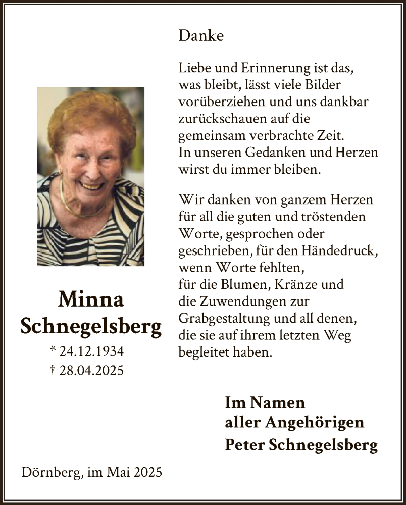  Traueranzeige für Minna Schnegelsberg vom 24.05.2025 aus HNA
