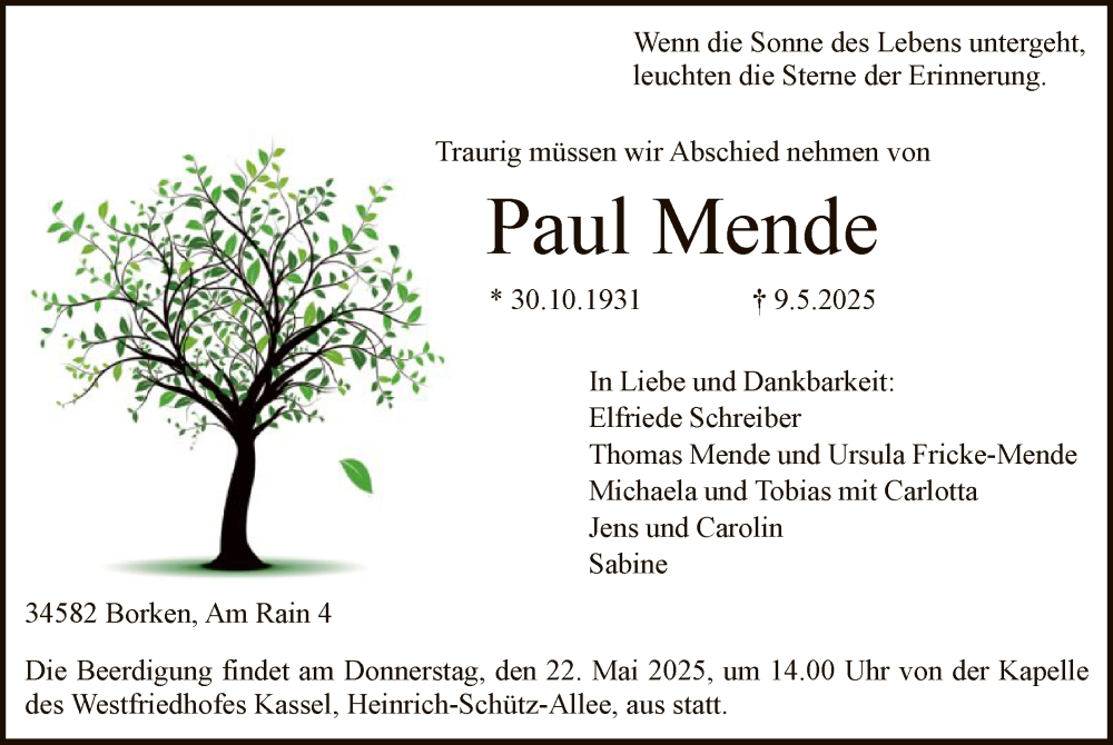  Traueranzeige für Paul Mende vom 17.05.2025 aus HNA
