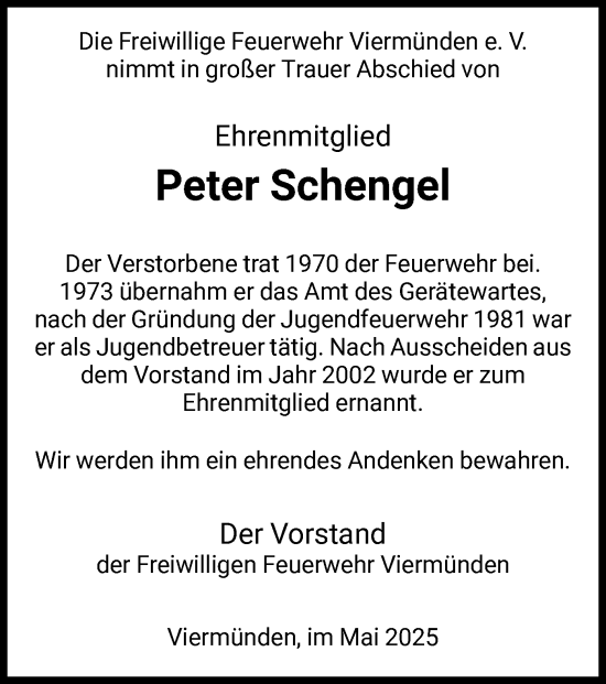 Traueranzeige von Peter Schengel von HNA