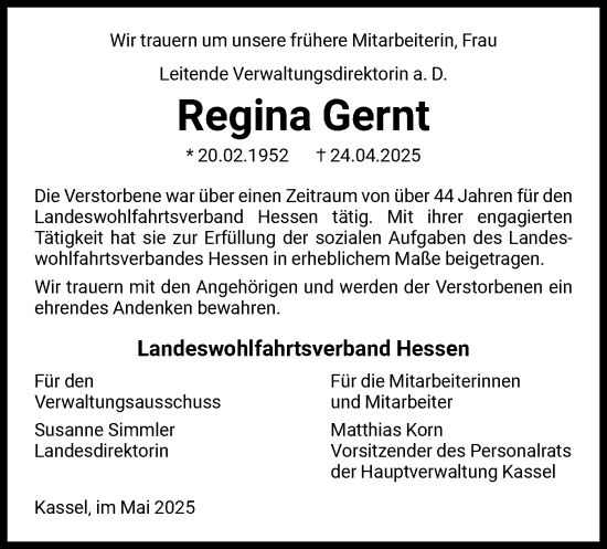 Traueranzeige von Regina Gernt von HNA