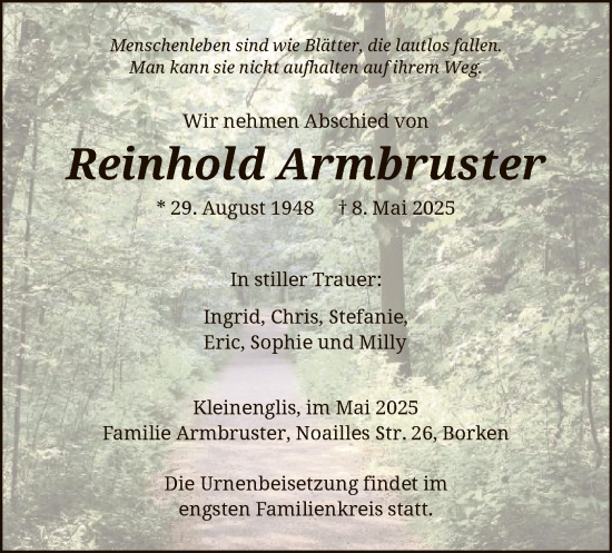 Traueranzeige von Reinhold Armbruster von HNA