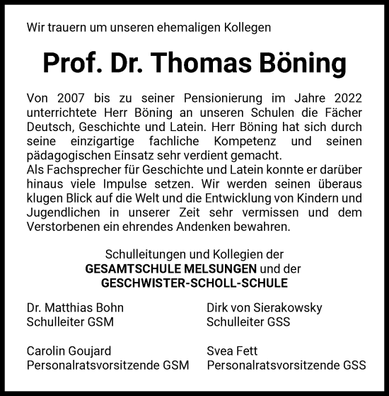 Traueranzeige von Thomas Böning von HNA