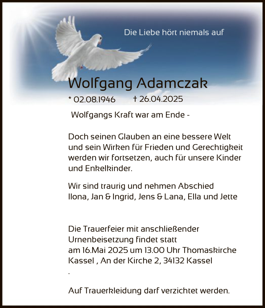  Traueranzeige für Wolfgang Adamczak vom 10.05.2025 aus HNA