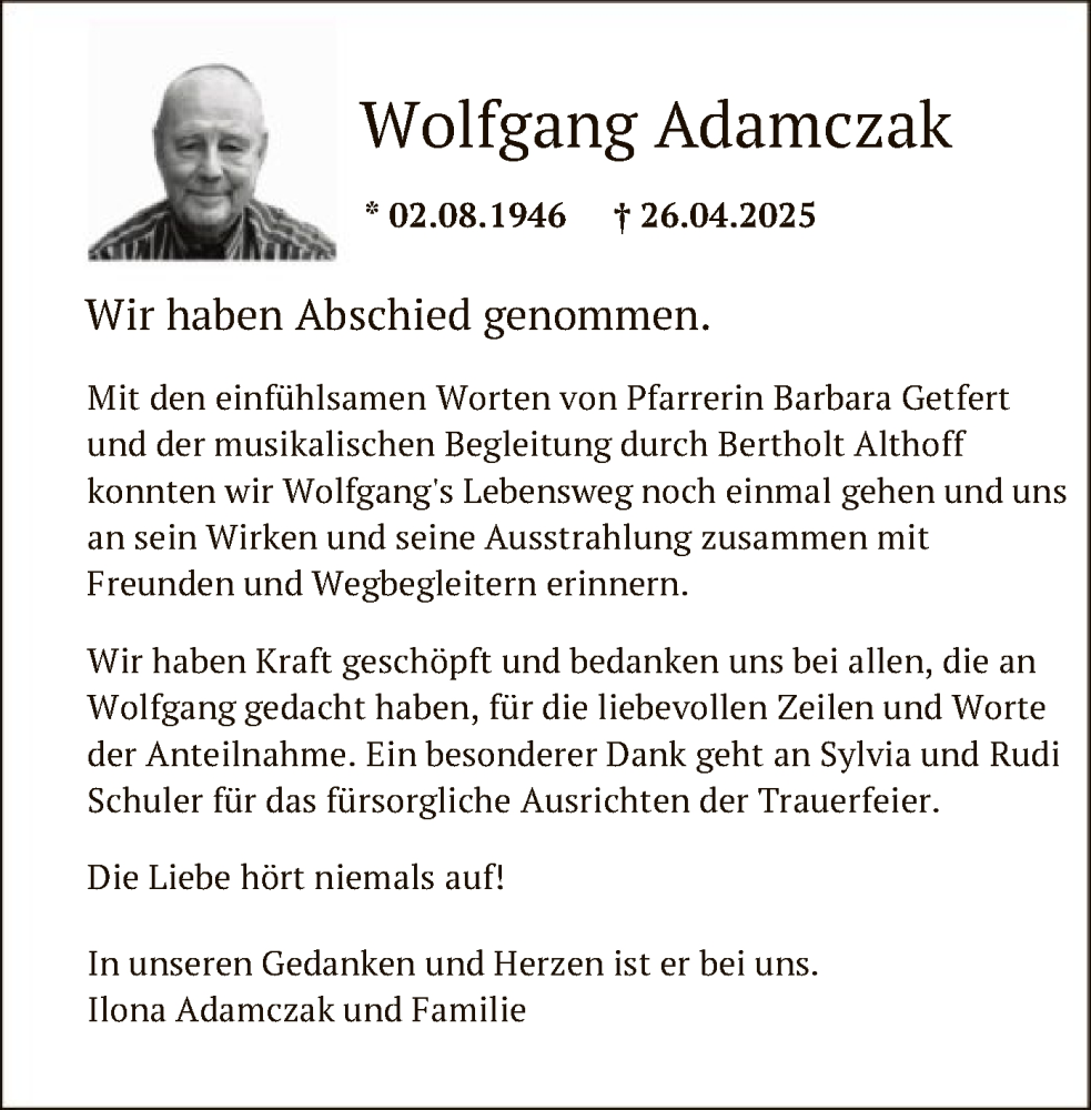  Traueranzeige für Wolfgang Adamczak vom 24.05.2025 aus HNA