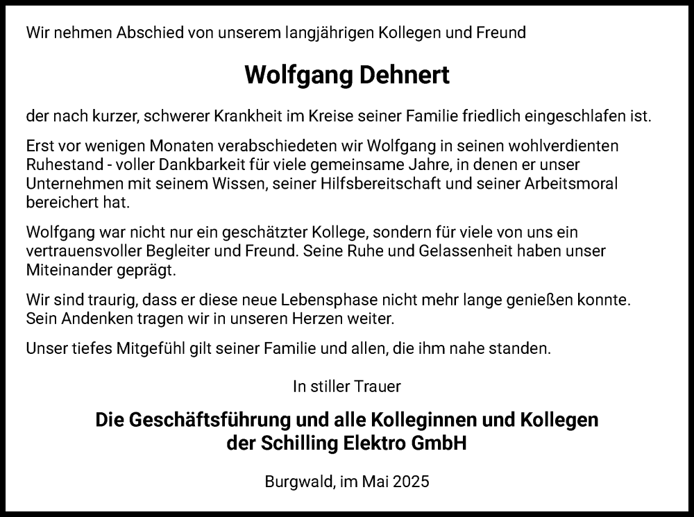 Traueranzeige für Wolfgang Dehnert vom 15.05.2025 aus HNA
