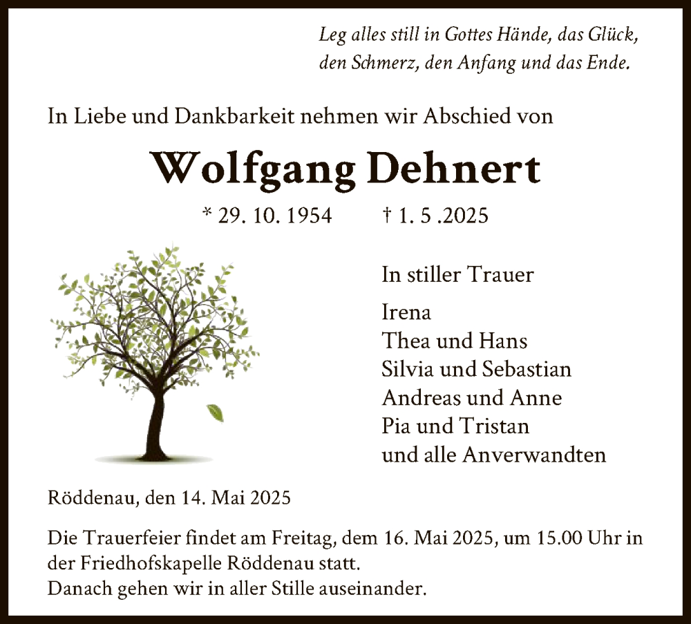  Traueranzeige für Wolfgang Dehnert vom 14.05.2025 aus HNA