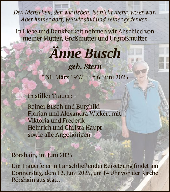 Traueranzeige von Änne Busch von HNA