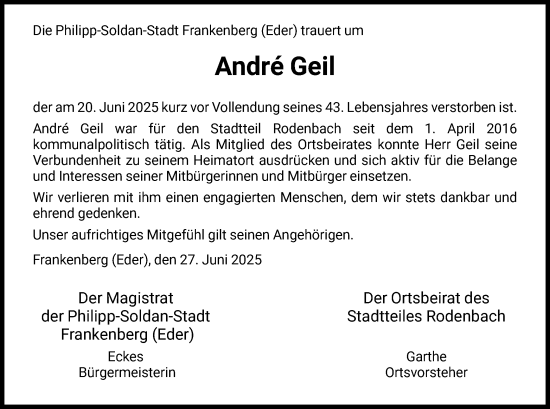 Traueranzeige von Andre Geil von HNA