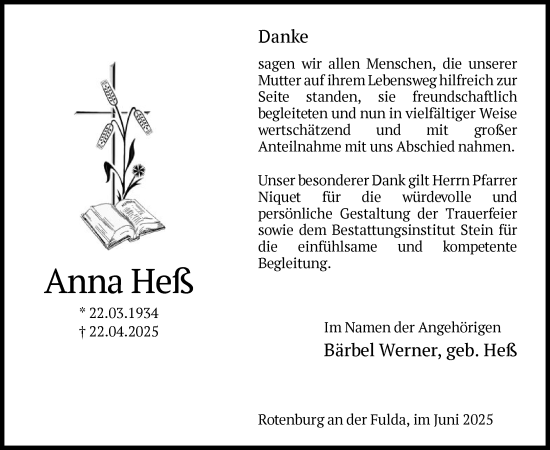 Traueranzeige von Anna Heß von HNA