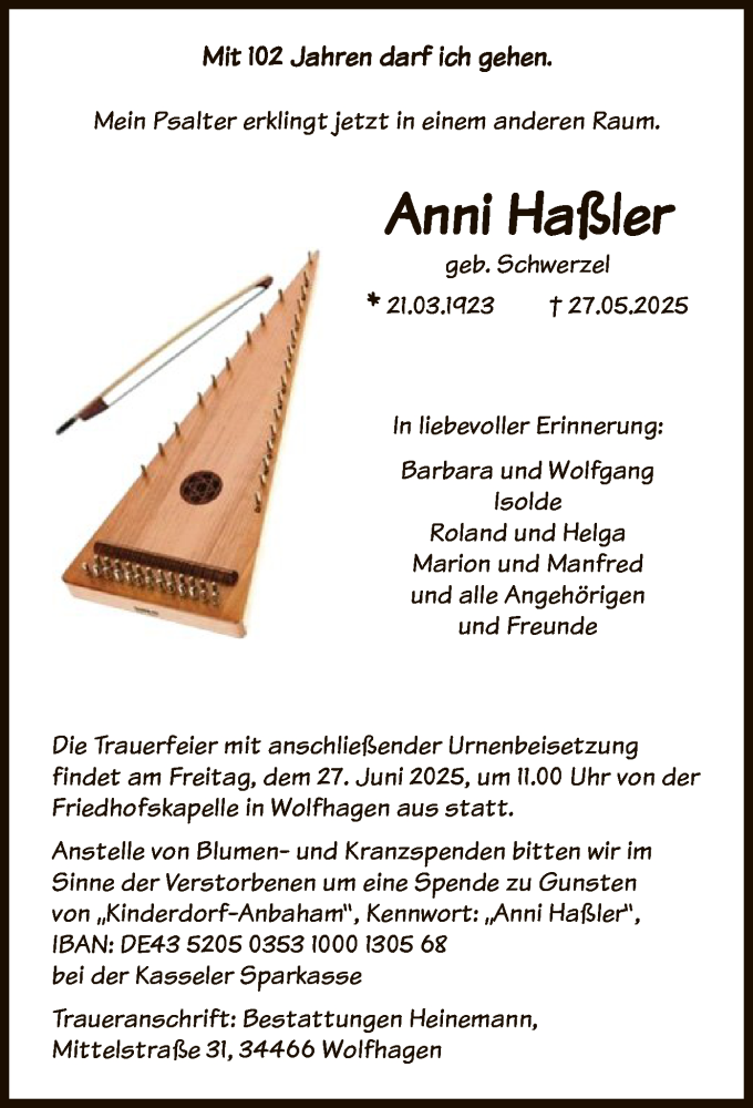  Traueranzeige für Anni Haßler vom 21.06.2025 aus HNA