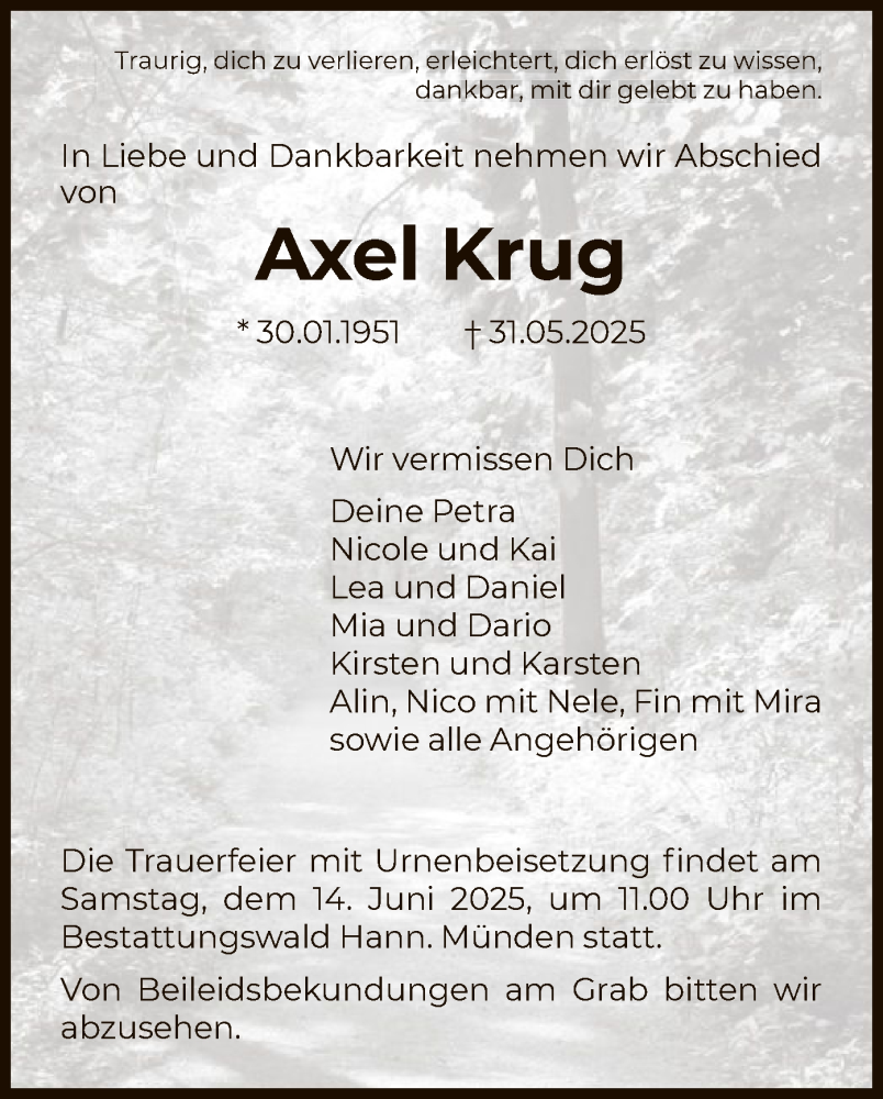  Traueranzeige für Axel Krug vom 07.06.2025 aus HNA