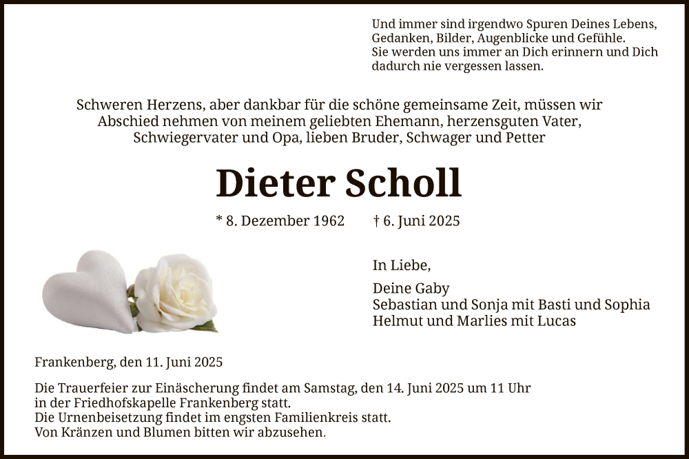  Traueranzeige für Dieter Scholl vom 11.06.2025 aus HNA