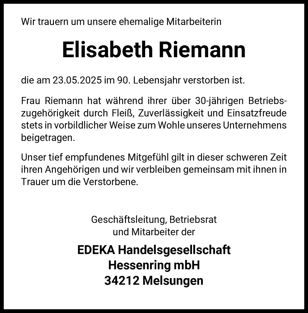 Traueranzeige für Elisabeth Riemann vom 07.06.2025 aus HNA