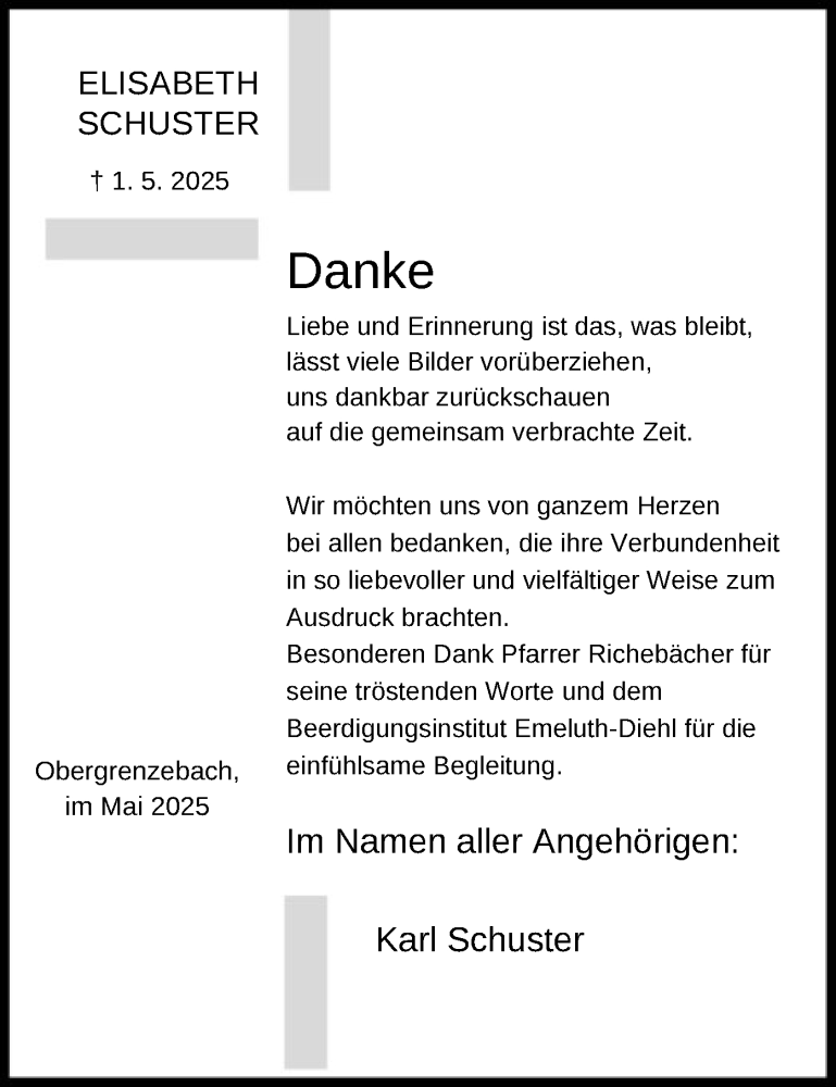  Traueranzeige für Elisabeth Schuster vom 31.05.2025 aus HNA