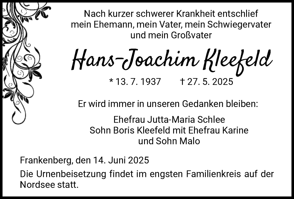  Traueranzeige für Hans-Joachim Kleefeld vom 14.06.2025 aus HNA