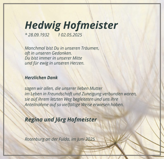 Traueranzeige von Hedwig Hofmeister von HNA