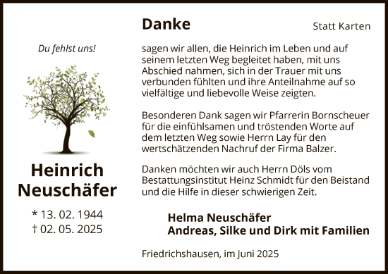 Traueranzeige von Heinrich Neuschäfer von HNA