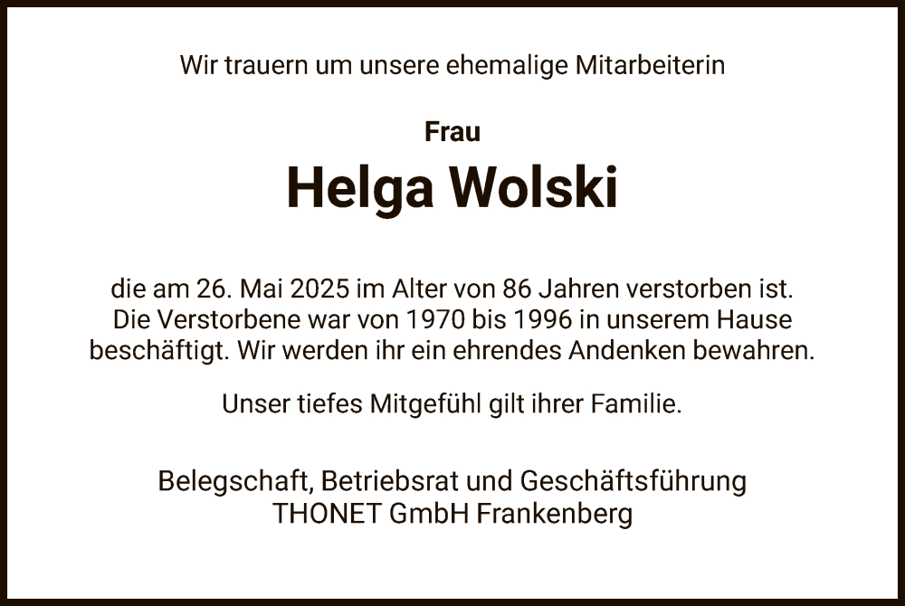  Traueranzeige für Helga Wolski vom 11.06.2025 aus HNA