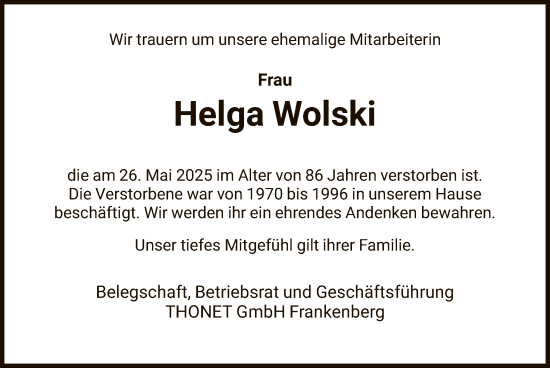 Traueranzeige von Helga Wolski von HNA