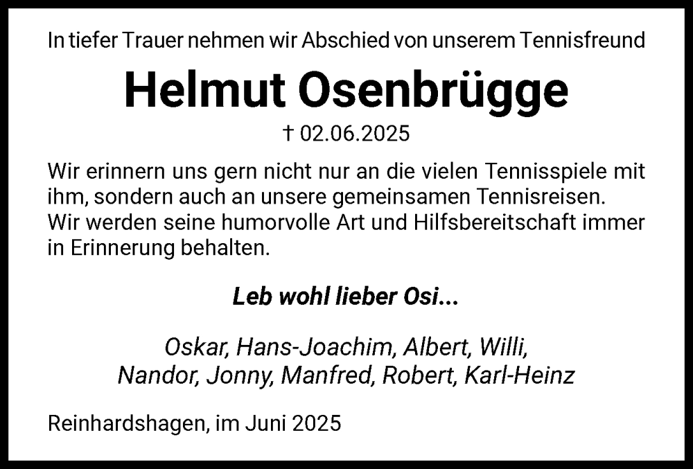  Traueranzeige für Helmut Osenbrügge vom 07.06.2025 aus HNA