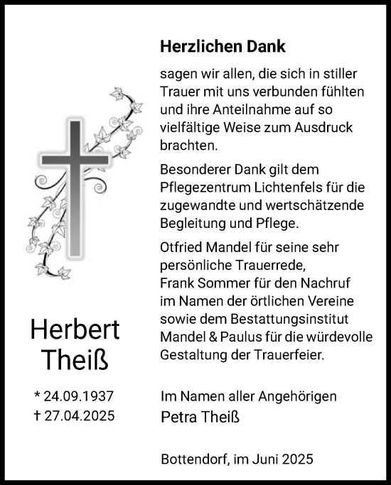 Traueranzeige von Herbert Theiß von HNA
