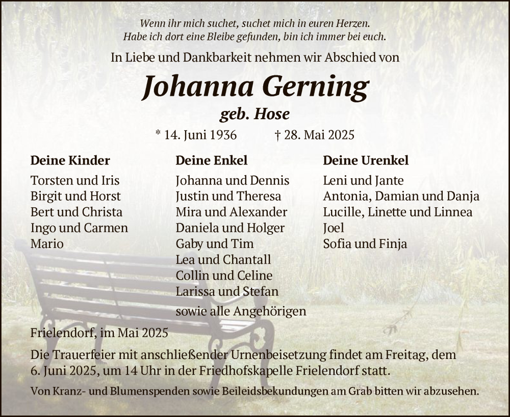  Traueranzeige für Johanna Gerning vom 31.05.2025 aus HNAHNA