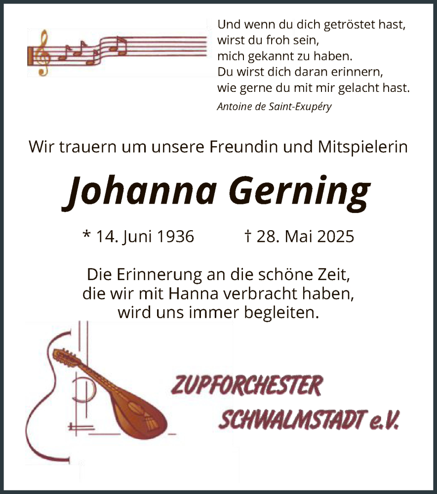  Traueranzeige für Johanna Gerning vom 05.06.2025 aus HNA