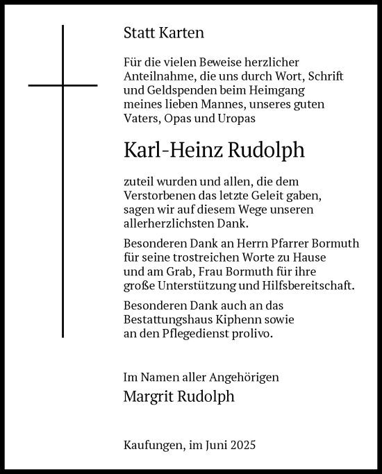 Traueranzeige von Karl-Heinz Rudolph von HNA