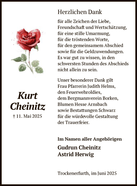 Traueranzeige von Kurt Cheinitz von HNA