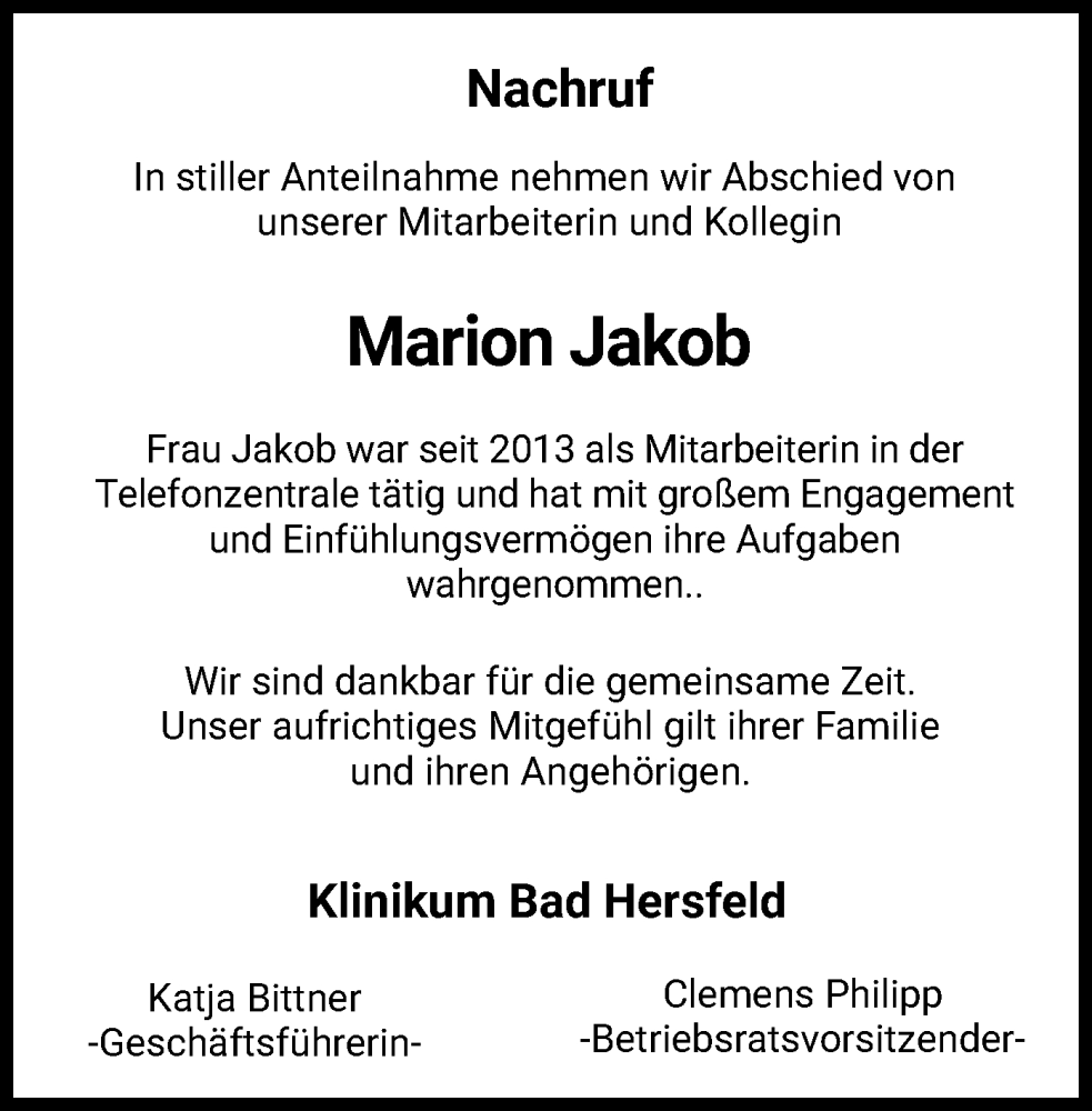  Traueranzeige für Marion Jakob vom 14.06.2025 aus HNA