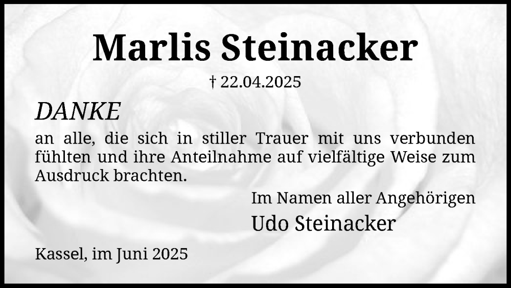  Traueranzeige für Marlis Steinacker vom 02.06.2025 aus HNA