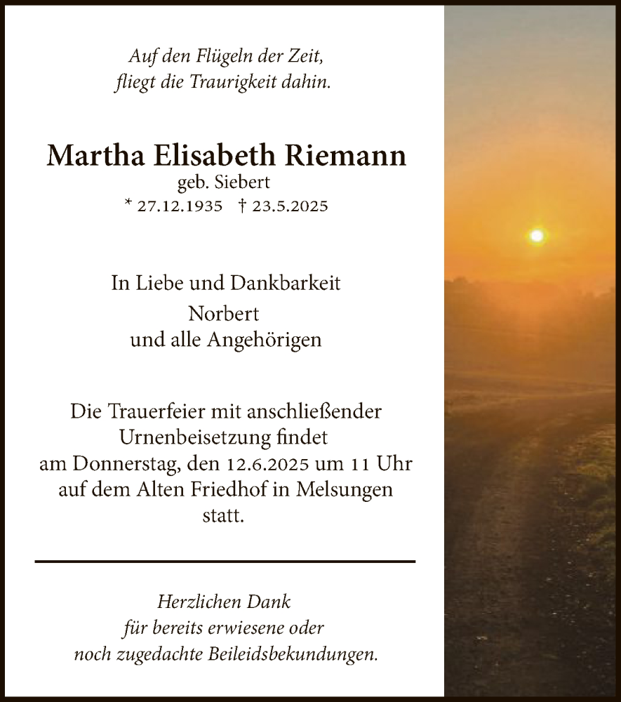  Traueranzeige für Martha Elisabeth Riemann vom 07.06.2025 aus HNA