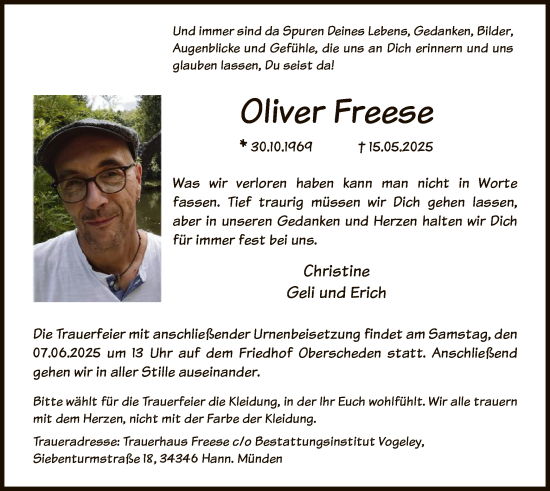 Traueranzeige von Oliver Freese von HNA