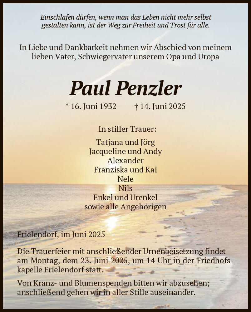  Traueranzeige für Paul Penzler vom 20.06.2025 aus HNA