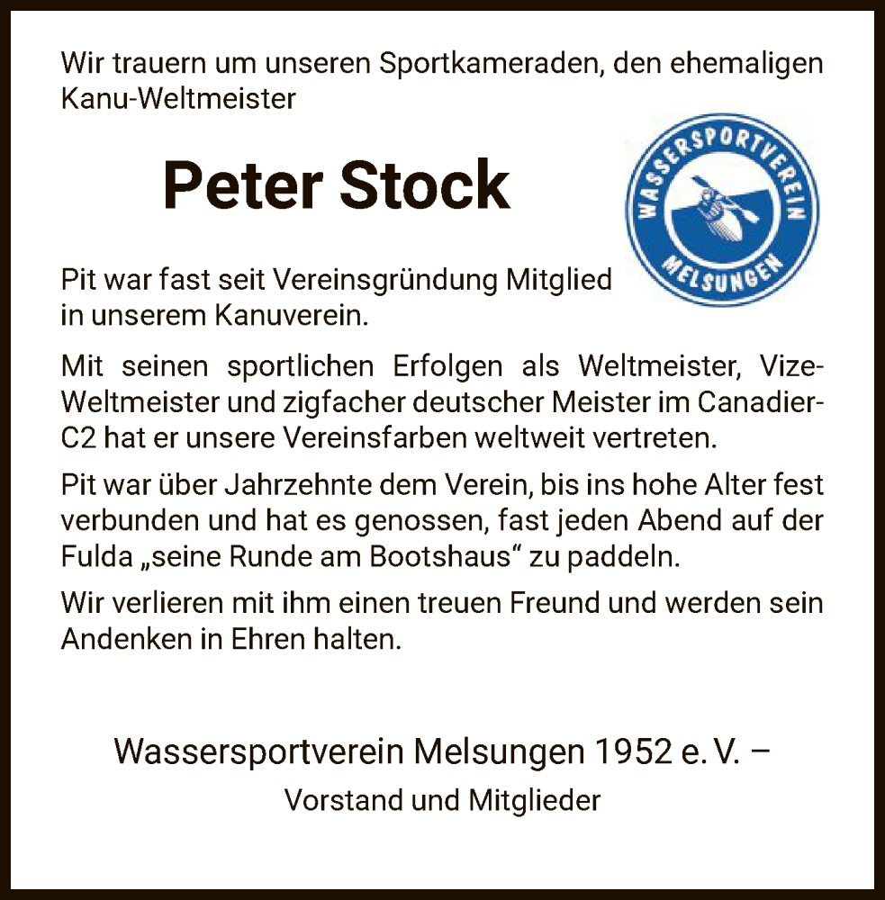  Traueranzeige für Peter Stock vom 17.06.2025 aus HNA