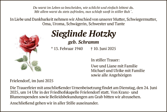 Traueranzeige von Sieglinde Hotzky von HNA