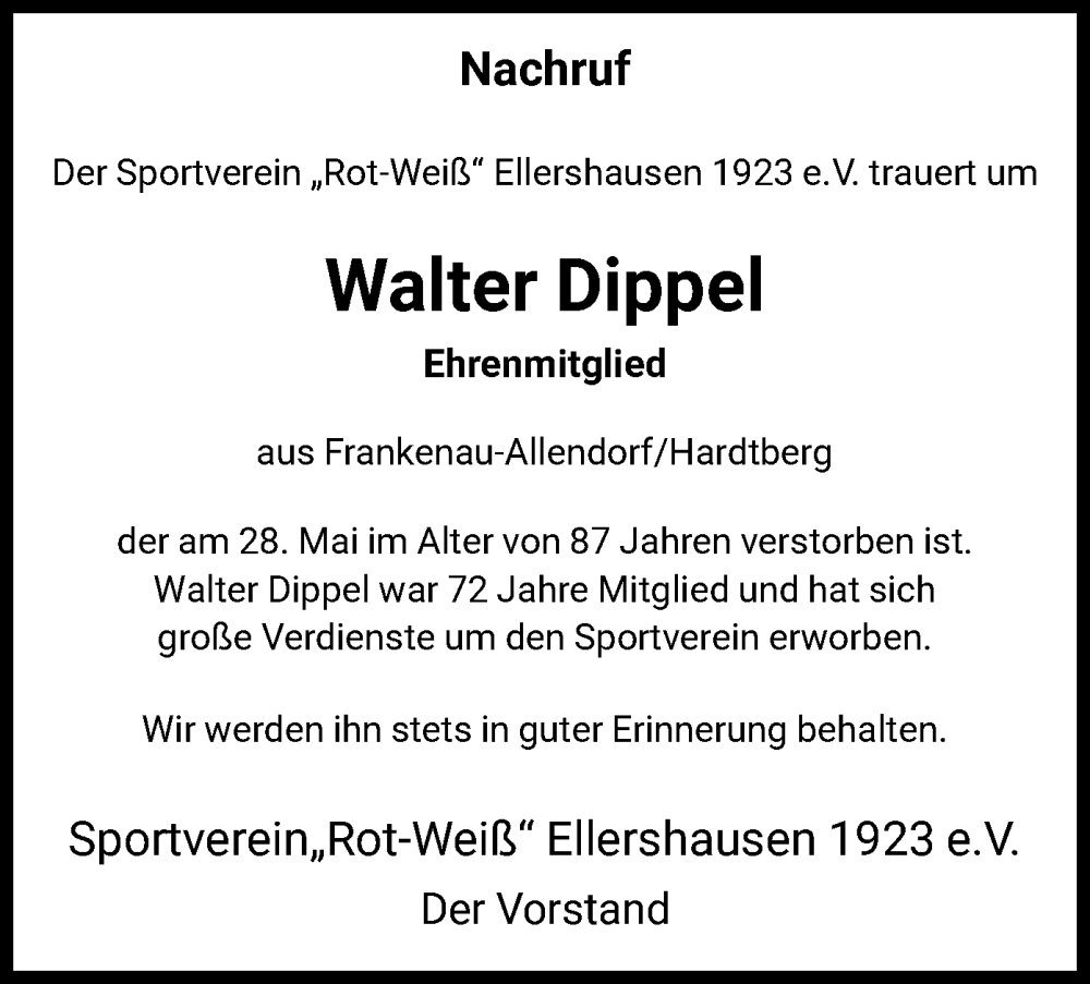  Traueranzeige für Walter Dippel vom 06.06.2025 aus HNA