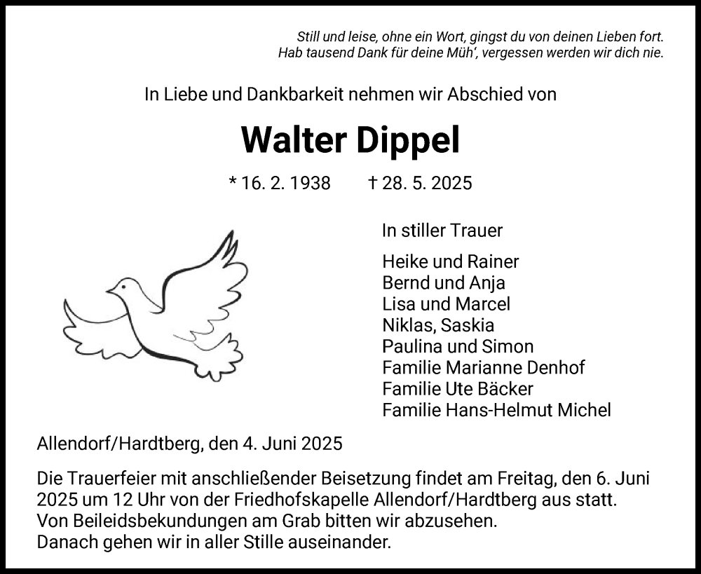  Traueranzeige für Walter Dippel vom 04.06.2025 aus HNA