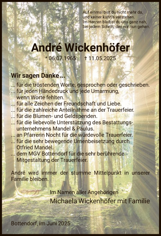Traueranzeige von Andre Wickenhöfer von HNA