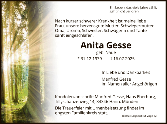 Traueranzeige von Anita Gesse von HNA