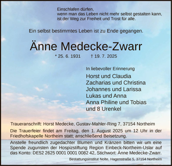 Traueranzeige von Anne Medecke-Zwarr von HNA