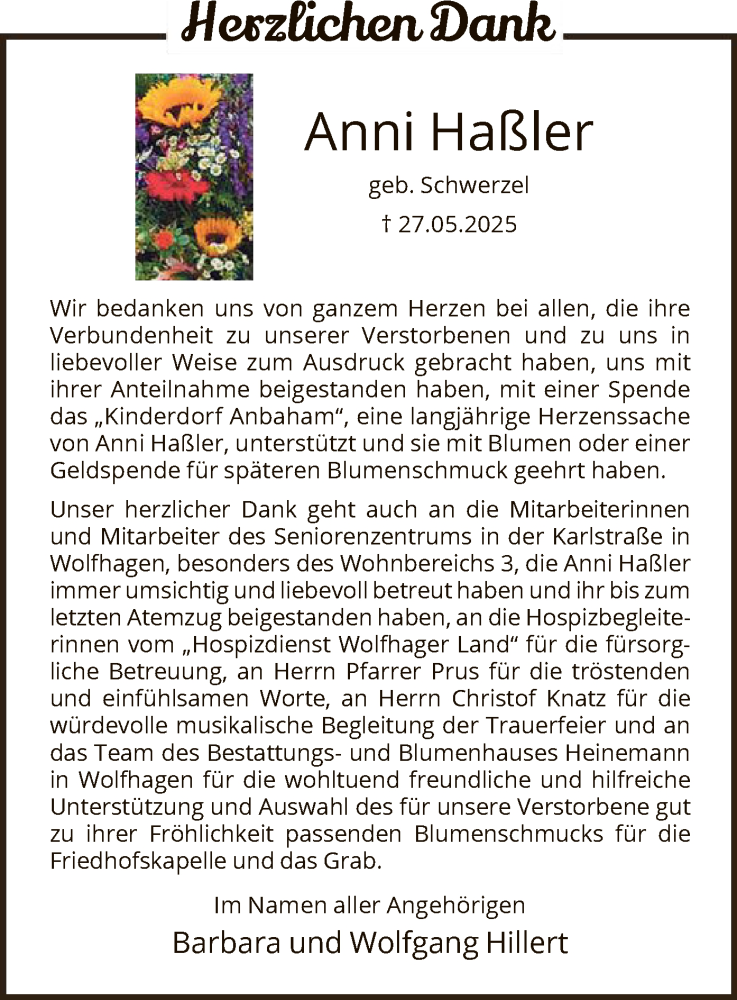  Traueranzeige für Anni Haßler vom 19.07.2025 aus HNA