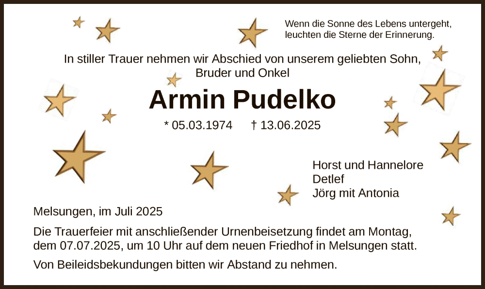 Traueranzeige für Armin Pudelko vom 05.07.2025 aus HNA