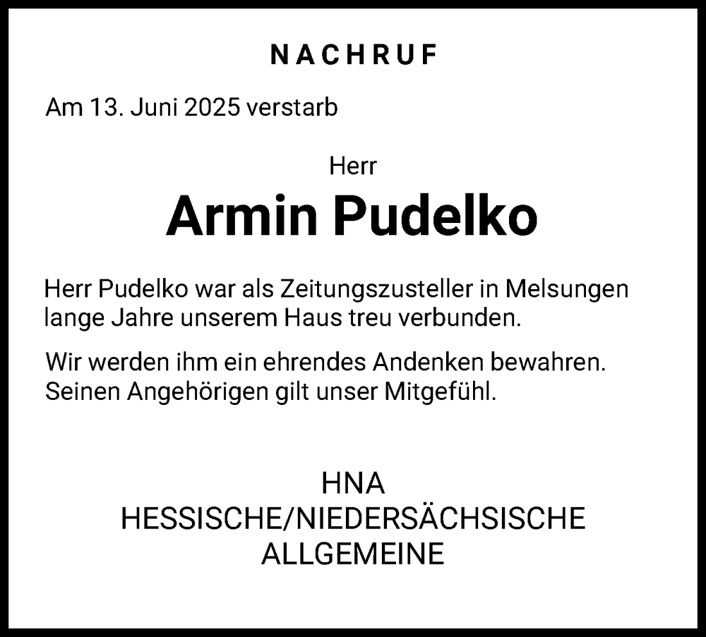  Traueranzeige für Armin Pudelko vom 25.07.2025 aus HNA
