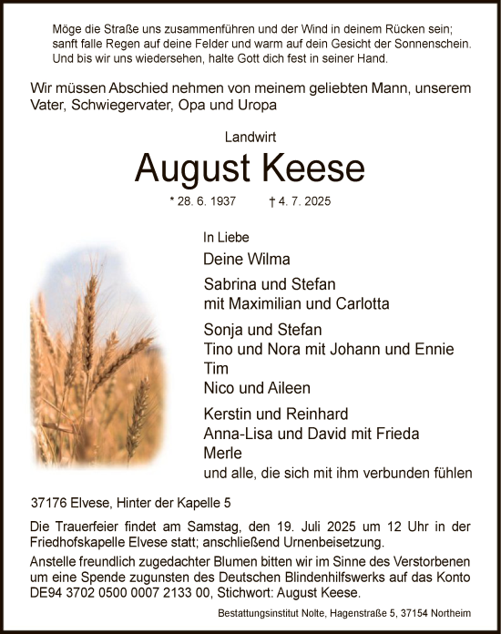 Traueranzeige von August Keese von HNA