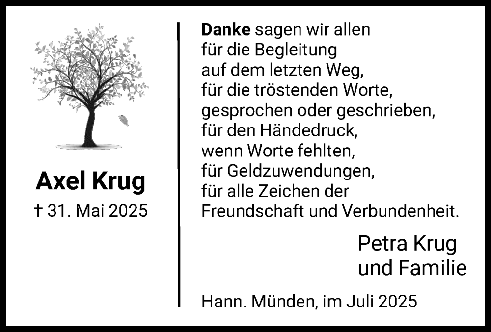  Traueranzeige für Axel Krug vom 05.07.2025 aus HNA
