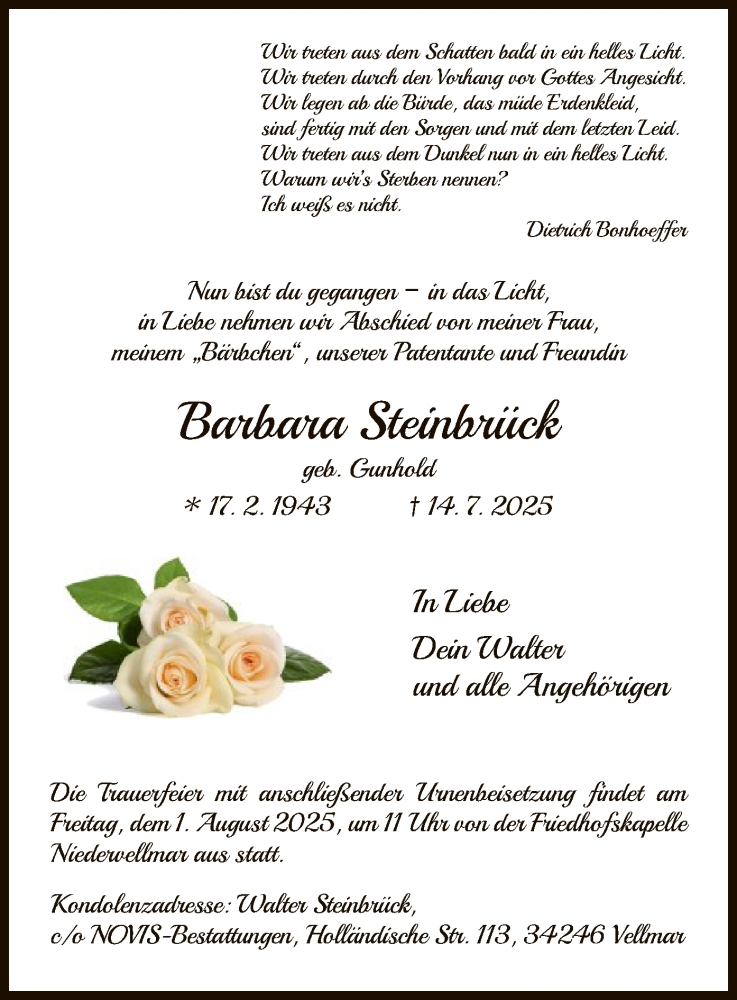  Traueranzeige für Barbara Steinbrück vom 26.07.2025 aus HNA