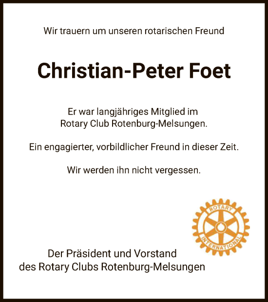 Traueranzeige von Christian-Peter Foet von HNAHNA