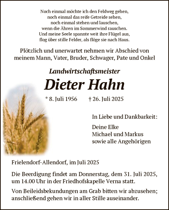 Traueranzeige von Dieter Hahn von HNAHNA
